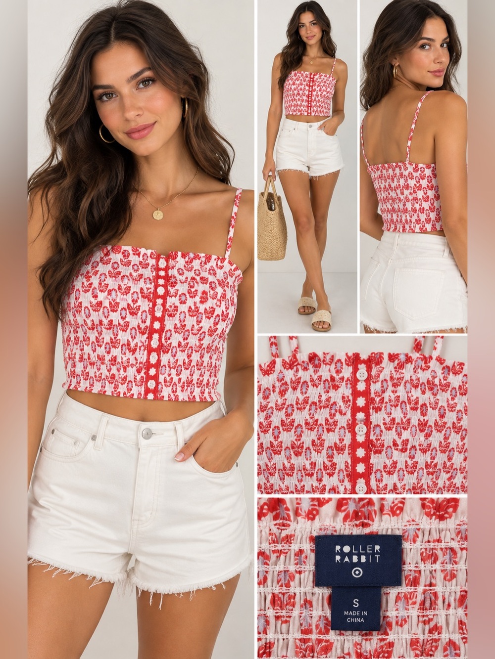 Roller Rabbit Red White Floral Smocked Crop Top Cami Tank NWT S